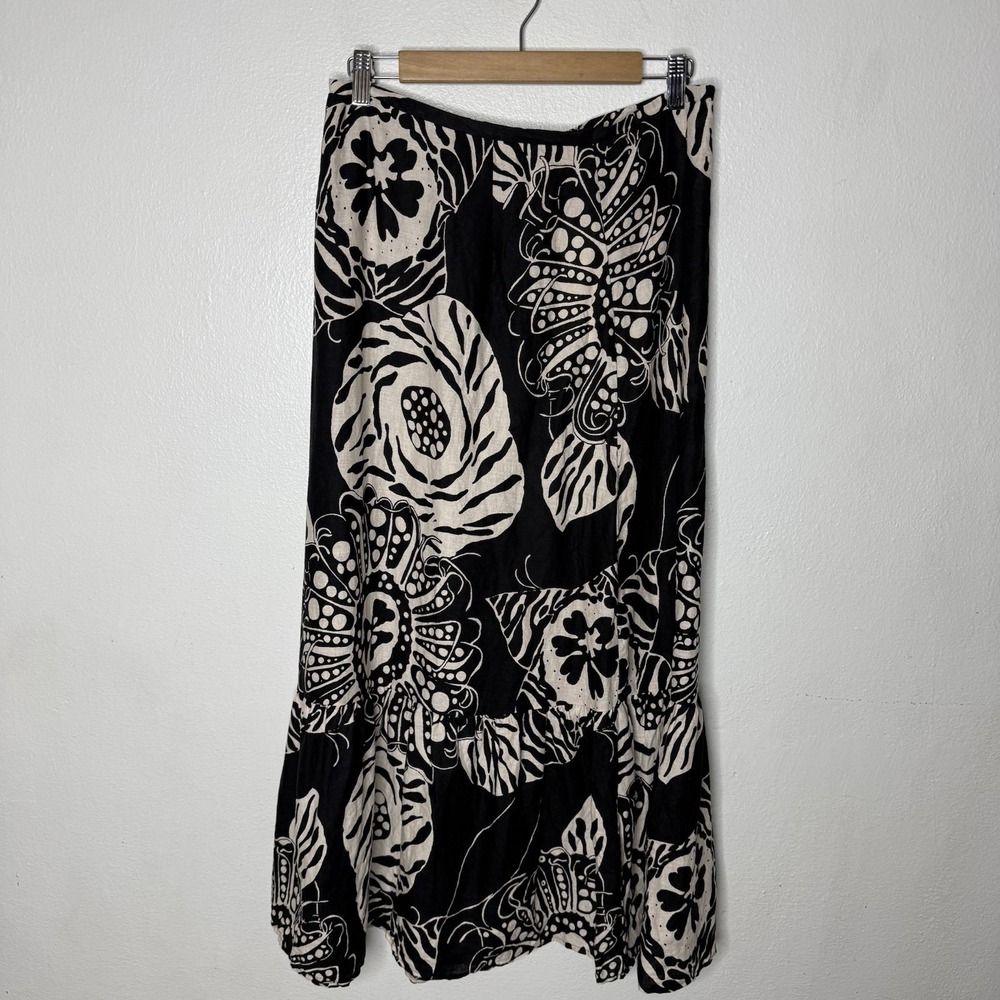 New Christian Siriano Black White Linen Blend Skirt Womens Small Floral‎ Beach